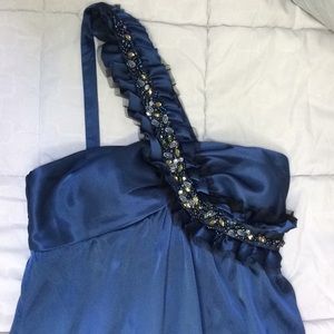 Beautiful Blue Satin One Shoulder Sash Dress Beads